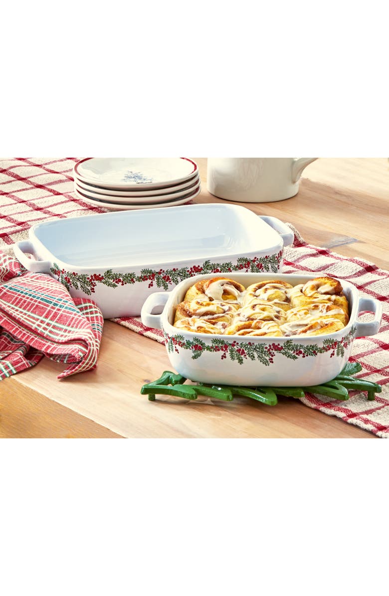 tag Farmhouse Christmas White Stoneware Baking Dish with Holly Trim, Alternate, color, Multicolored