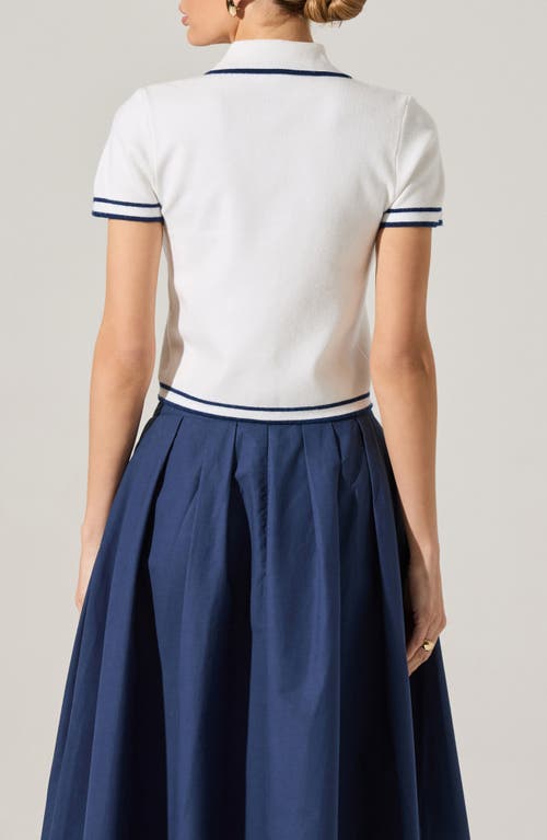 Shop Astr The Label Contrast Detail Short Sleeve Cardigan In Off White Navy