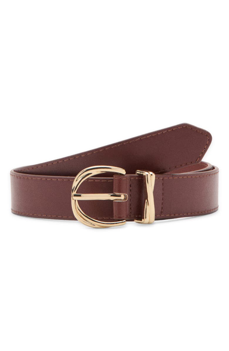 MANGO Oval Buckle Faux Leather Belt, Main, color, Brown