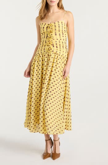 Cinq à Sept Camille Magda Ruched Polka Dot Floral Appliqué Dress in Lemon Puff/Deep Plum at Nordstrom Rack, Size 4