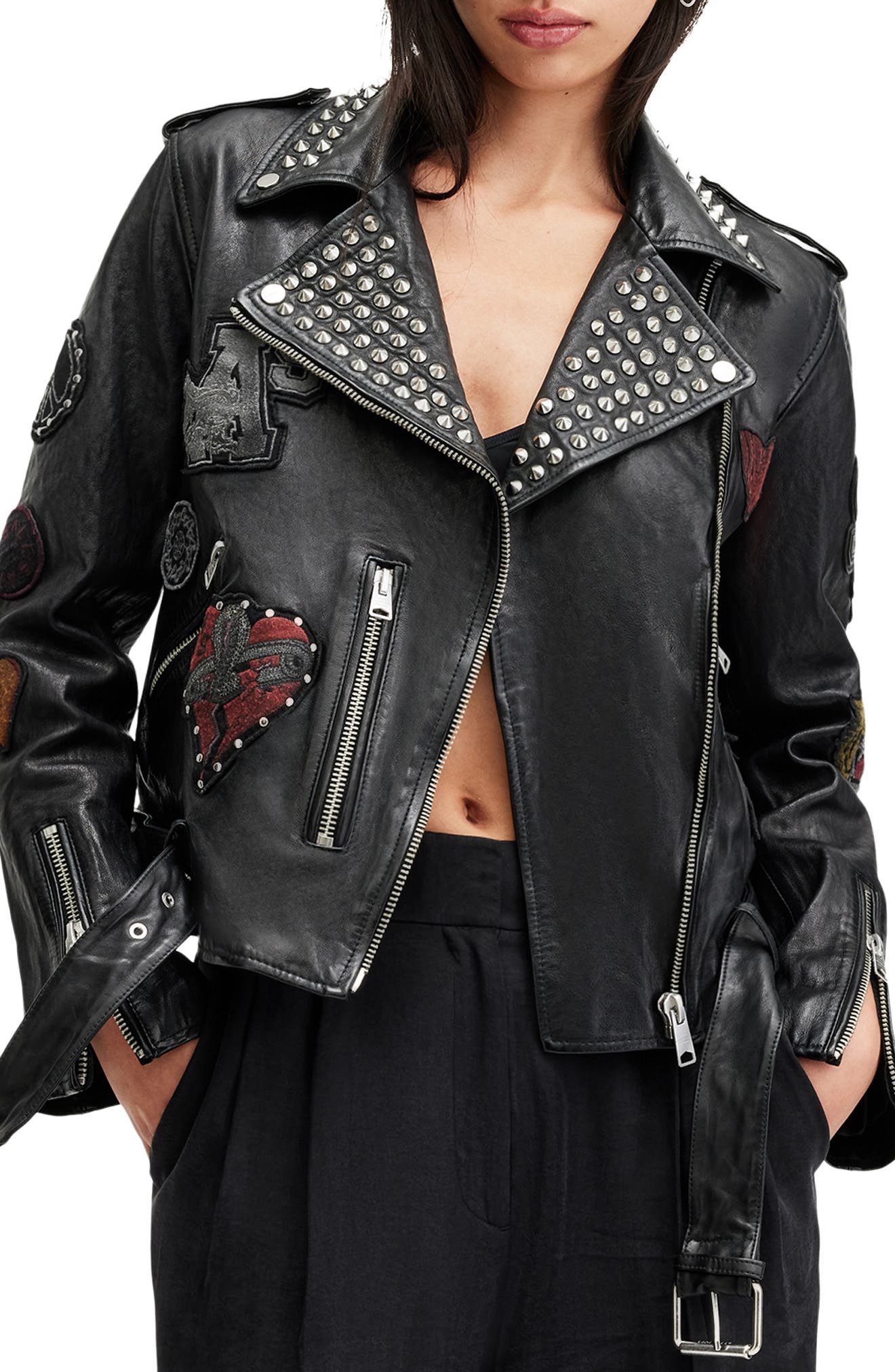 College Stud Detail Leather Biker Jacket