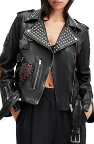 AllSaints College Stud Detail Leather Biker Jacket