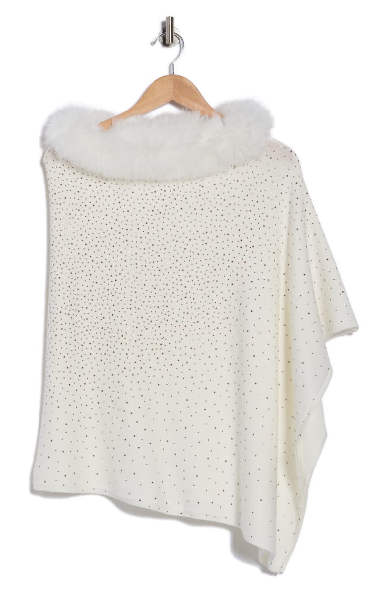 La Fiorentina Embellished Faux Fur Trim Poncho, Main, color, White