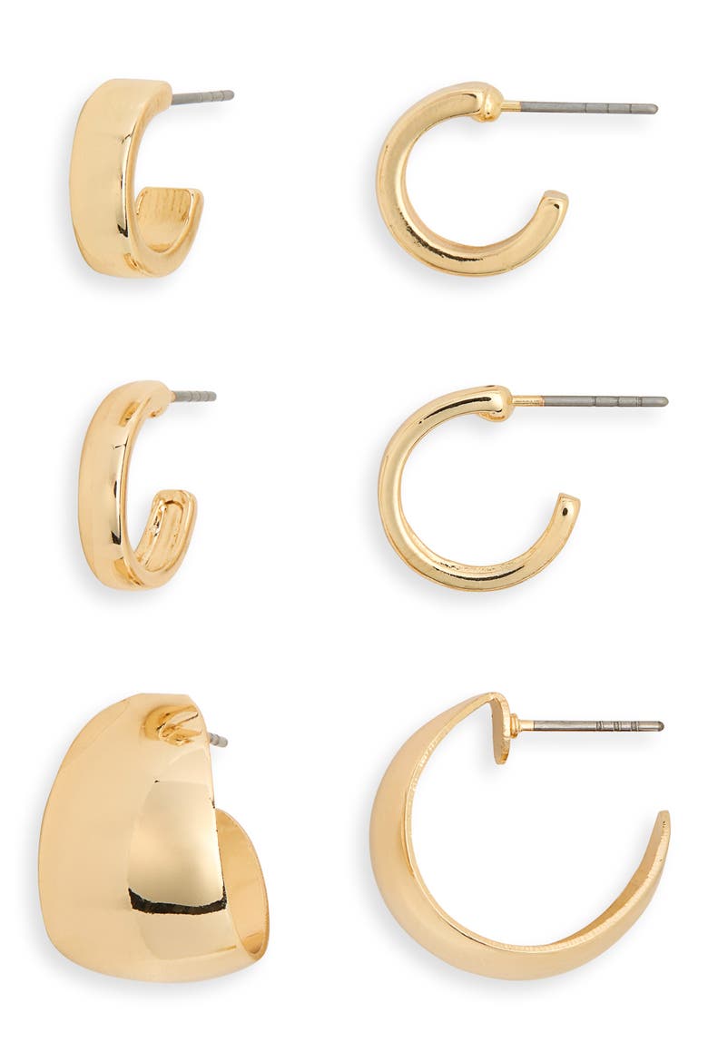 Set of 3 Assorted Huggie Hoop Earrings, Main, color, GOLD