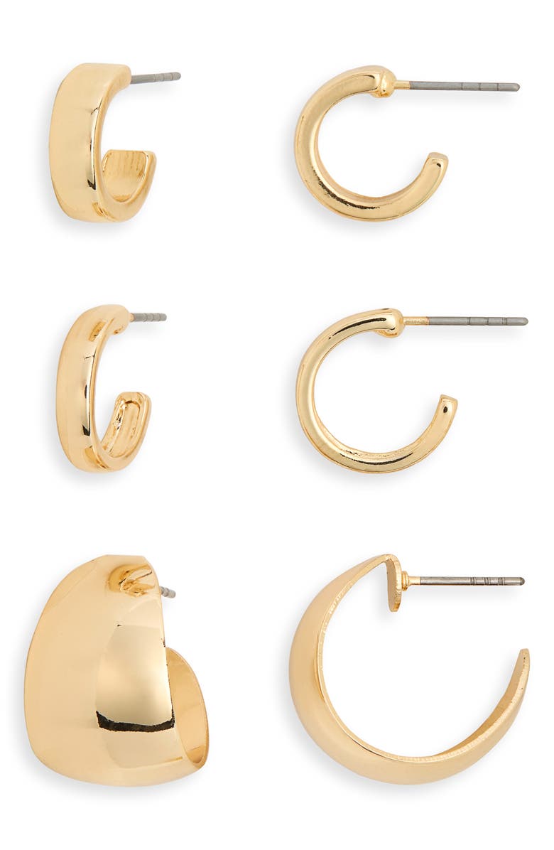 NORDSTROM RACK Set of 3 Assorted Huggie Hoop Earrings, Main, color, Gold