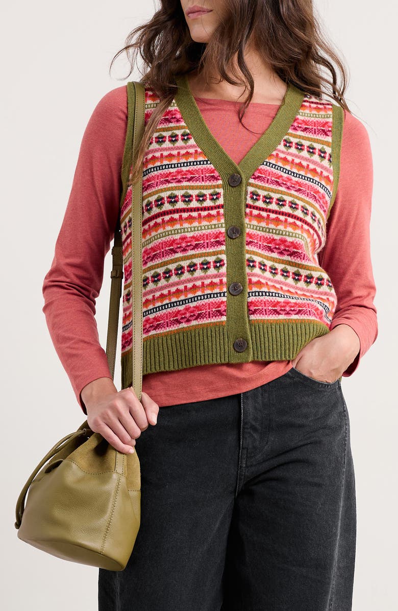 Seasalt Cornwall Percella Cove Fair Isle Merino Wool Blend Button-Up Sweater Vest, Main, color, Knit Scillia Aran Multi