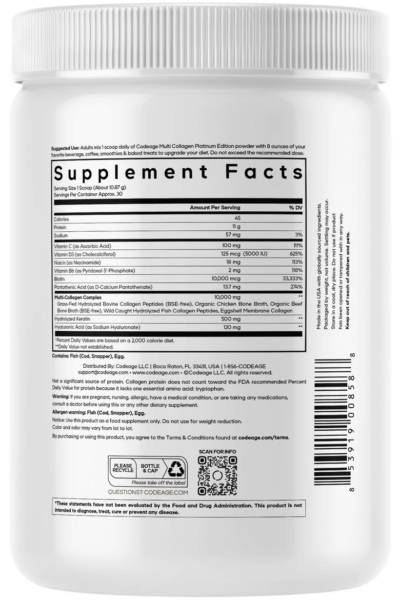 Platinum Multi Collagen Protein + Biotin Powder Supplement, Alternate, color, White