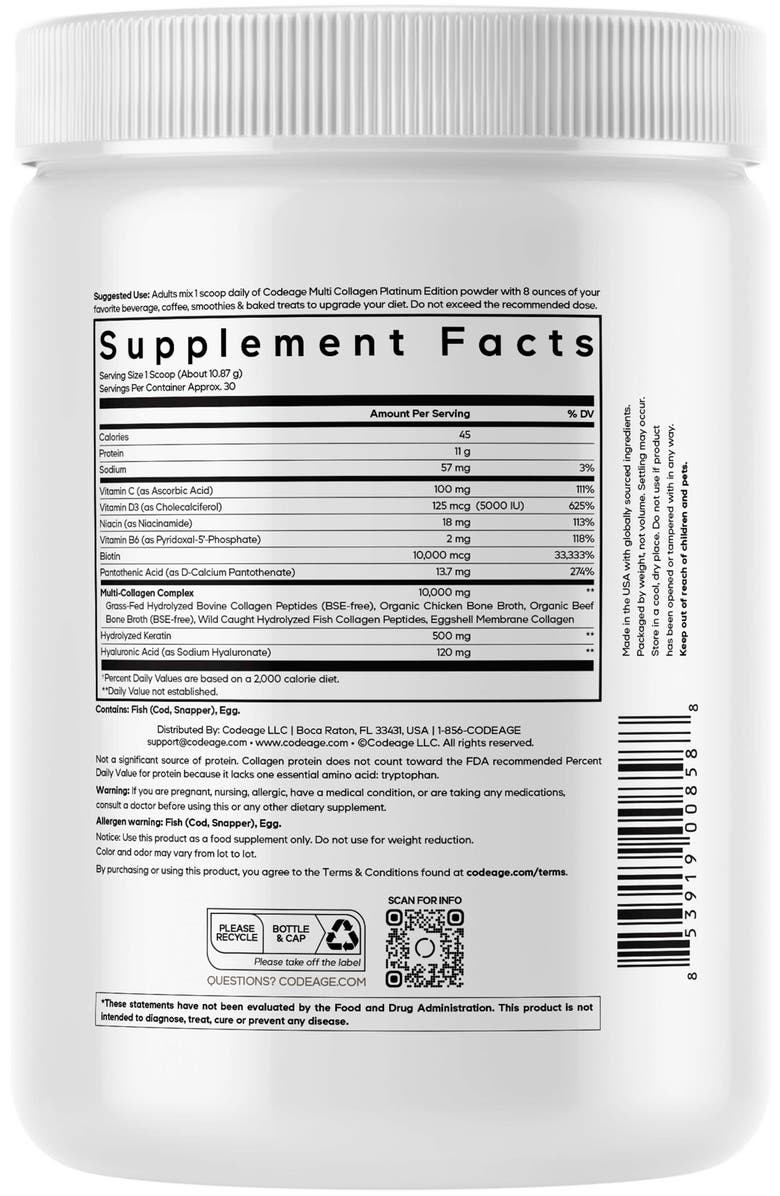 Codeage Platinum Multi Collagen Protein + Biotin Powder Supplement, Alternate, color, White