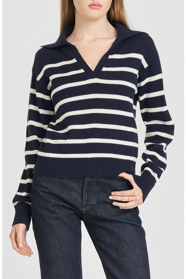 Port Stripe Johnny Collar Cotton Sweater, Main, color, NAVY IVORY