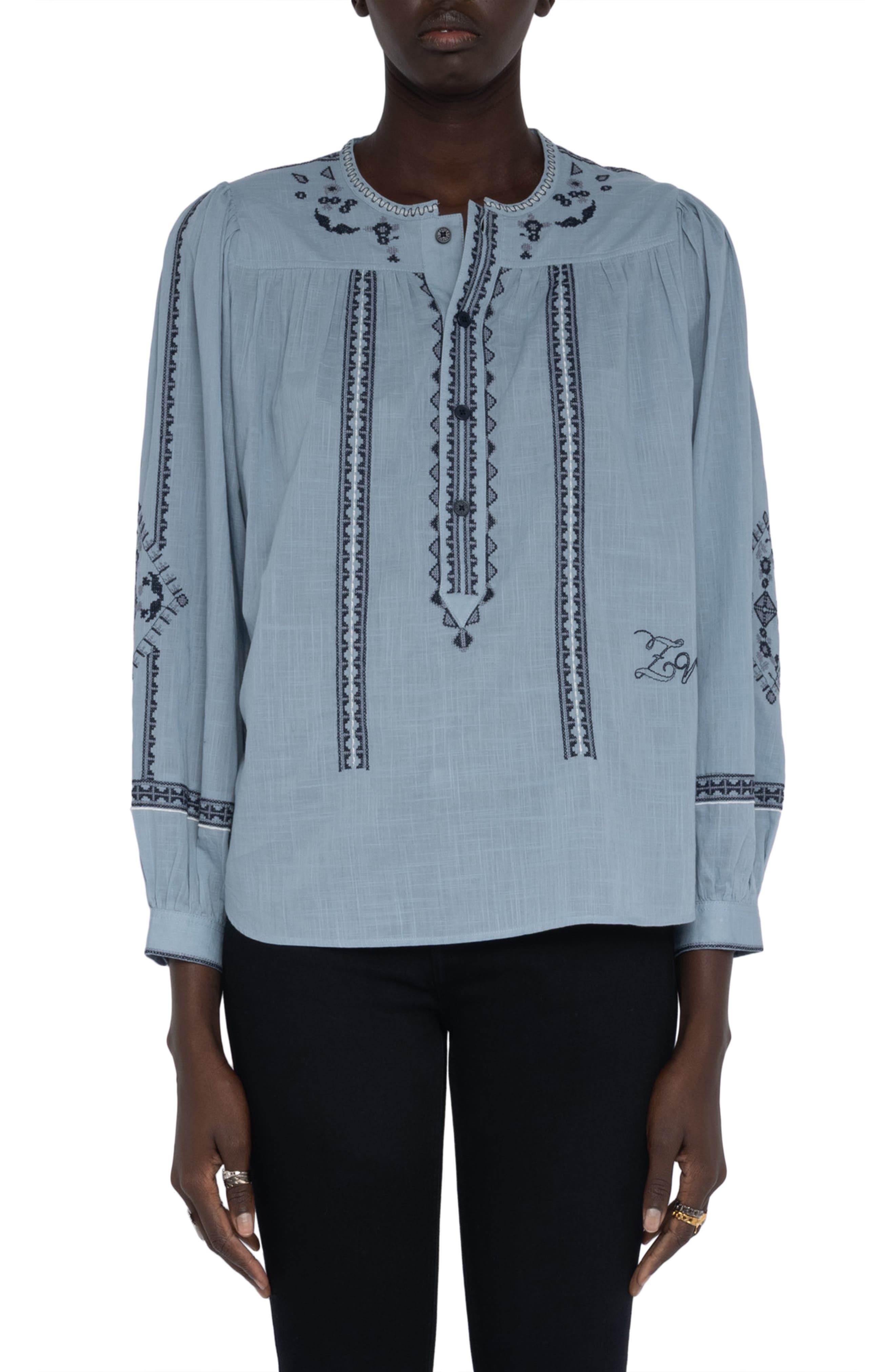 Tigy Long Sleeve Embroidered Cotton Top
