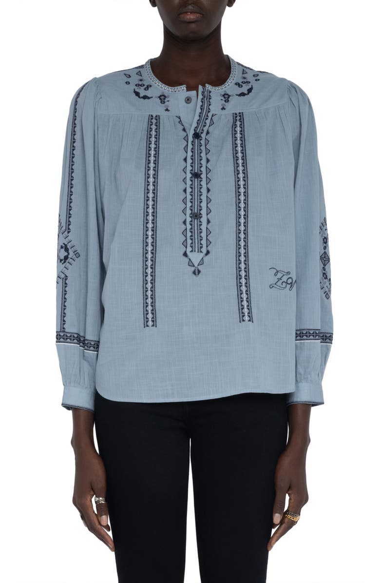 Zadig & Voltaire Tigy Long Sleeve Embroidered Cotton Top, Main, color, Sky