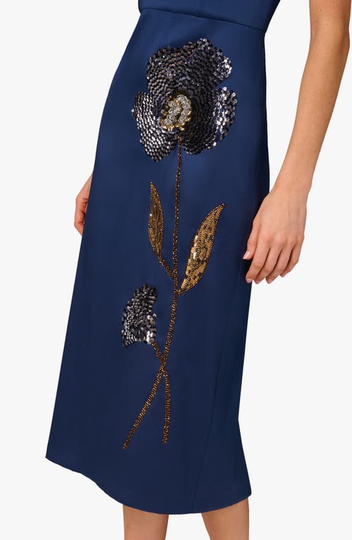 Aidan Mattox Sleeveless Flower-beaded Midi Dress In Blue