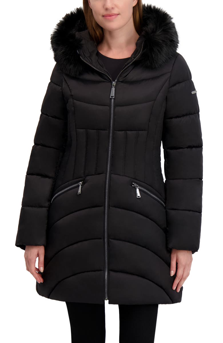 Laundry by Shelli Segal Puffer Jacket with Faux Fur Trim Hood, Main, color, Black