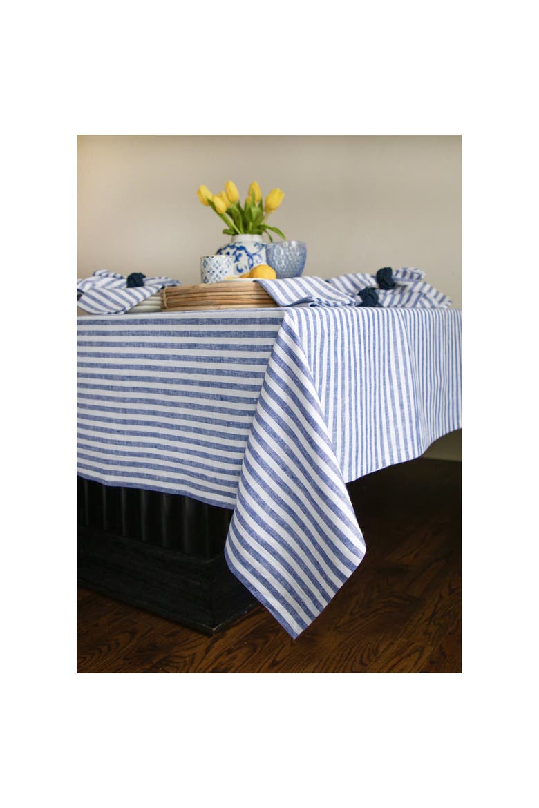 Linen Tablecloth - Amalfi Stripe, Alternate, color, Navy and White