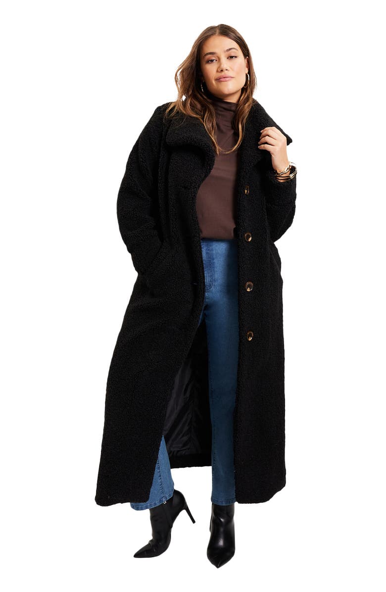 June + Vie Maxi Teddy Fleece Coat, Main, color, Black