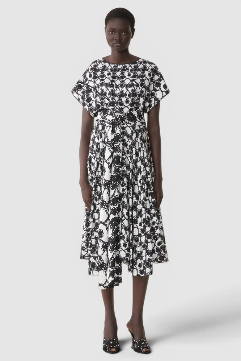 PRINTED SILK DRAPED DRESS, Alternate, color, White/Black