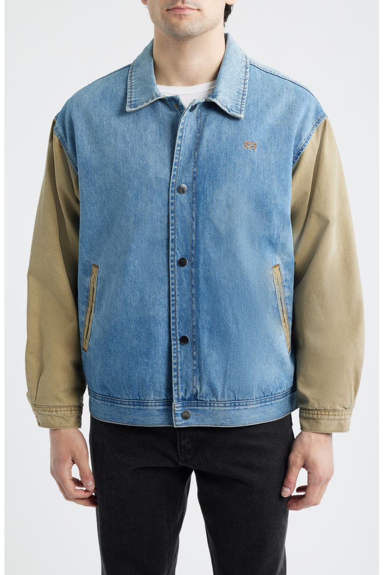 Bleachers Varsity Jacket, Alternate, color, WASHED DENIM/ CREAM