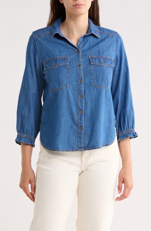 Puff Sleeve Denim Button-Up Shirt