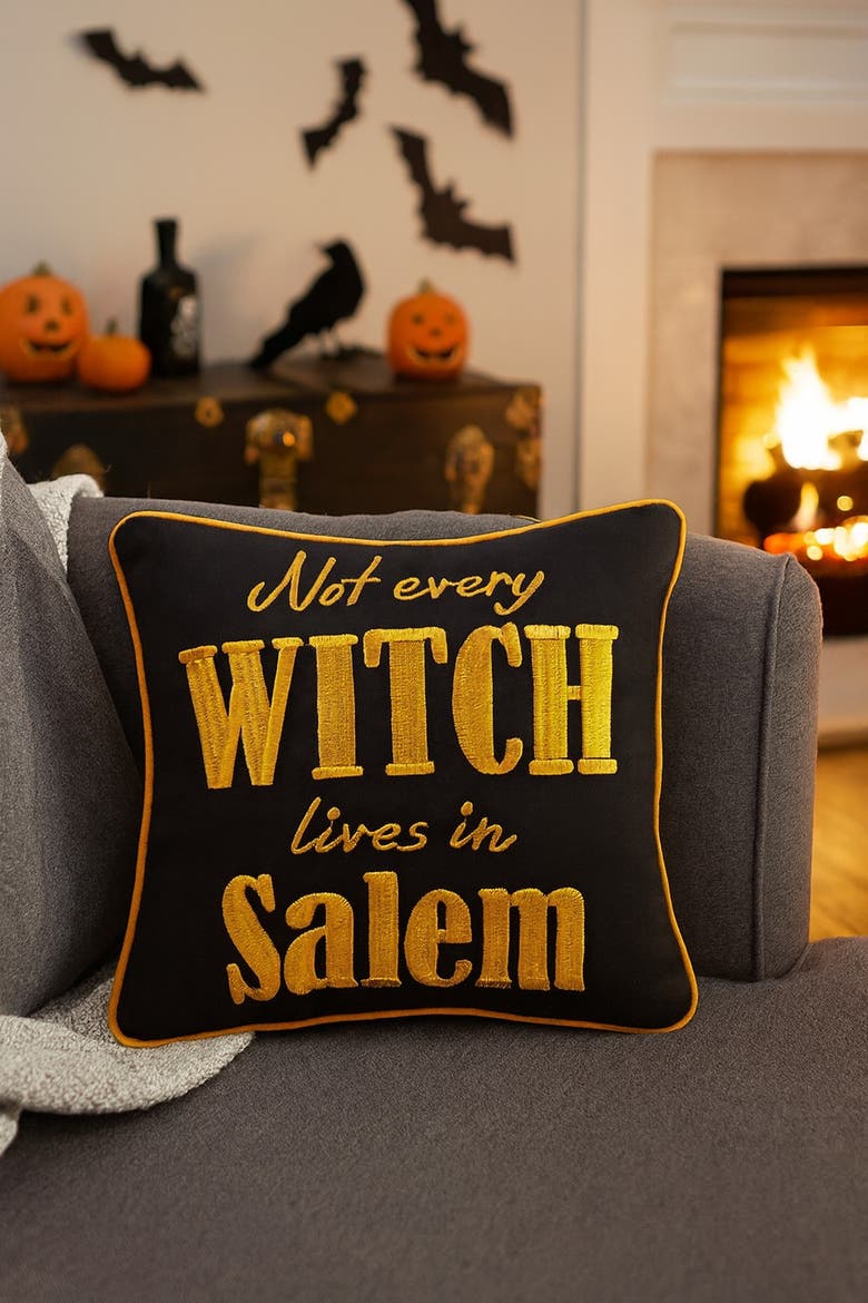 Not Every Witch Lives In Salem 10" x 10" Halloween Accent Pillow, Alternate, color, Black