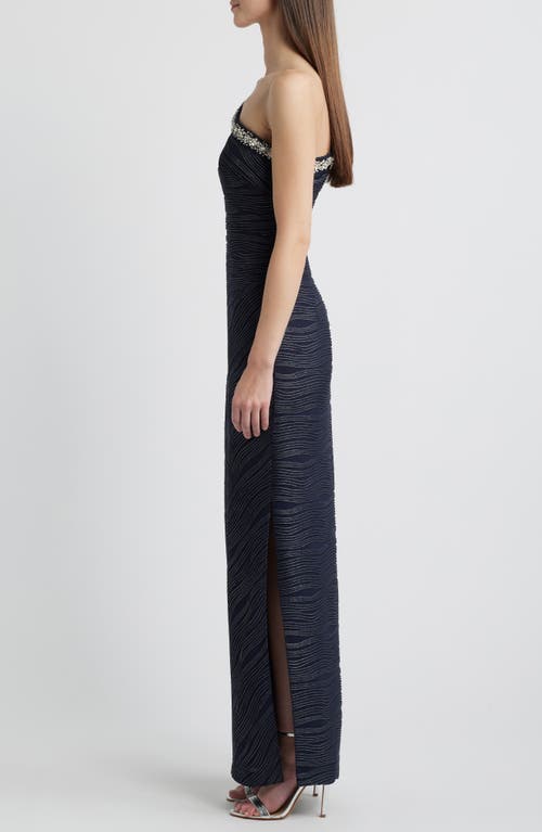 Vince Camuto Rhinestone & Foiled Wave Stripe One-shoulder Sheath Gown In Navy