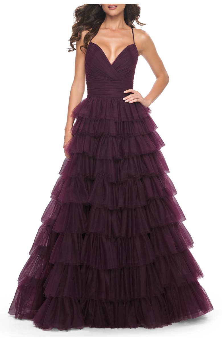 La Femme A-Line Ruffle Tulle Gown with High Slit and Lace Up Back, Main, color, Dark Berry