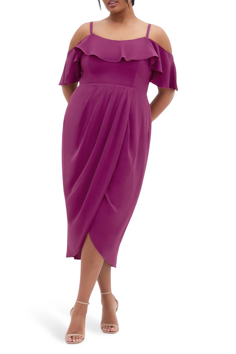 Flirtation Ruffle Off the Shoulder Cocktail Dress, Main, color, CERISE