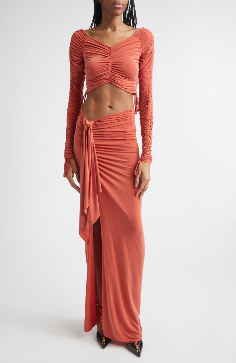 Balmain Crop Long Sleeve Ruched Jersey Top, Alternate, color, 3Gm Dark Red