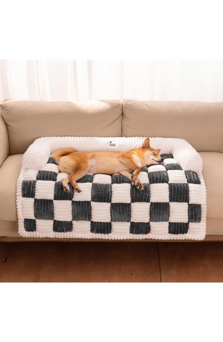 FunnyFuzzy Cream Square Plaid Cozy Dog Mat Furniture Protector Cover, Alternate, color, Grey