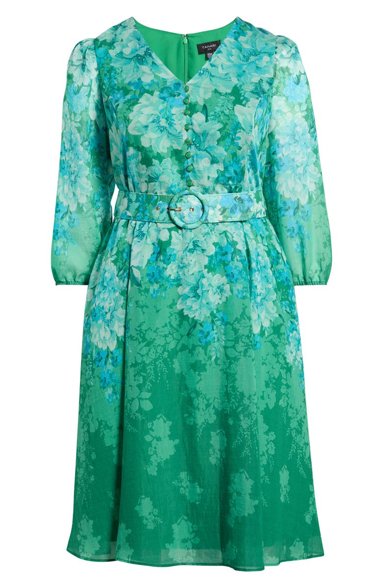 Tahari ASL Long Sleeve Printed Midi Dress, Main, color, Green