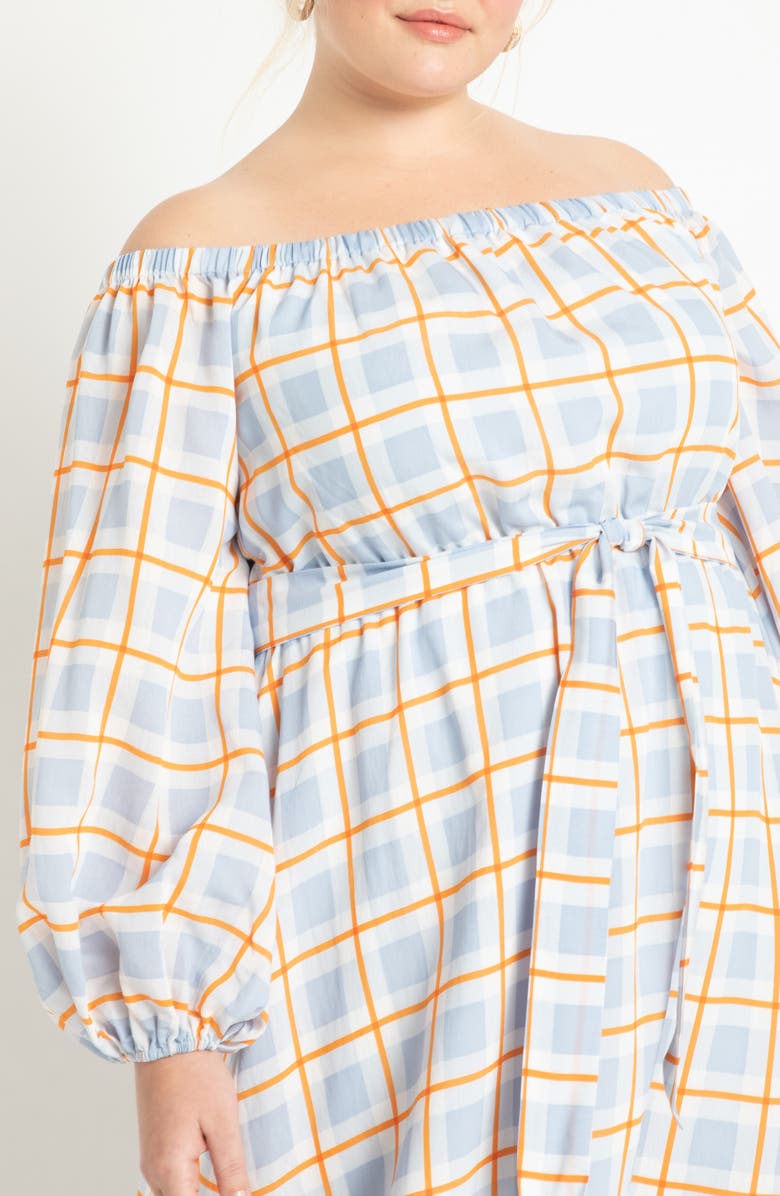 ELOQUII Check Print Off the Shoulder Long Sleeve Maxi Dress, Alternate, color, 