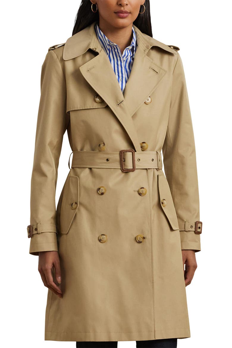 Double Breasted Belted Cotton Blend Trench Coat, Alternate, color, SAND