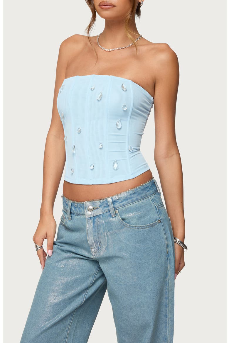 Lexah Crystal Embellished Mesh Corset Top, Alternate, color, LIGHT-BLUE
