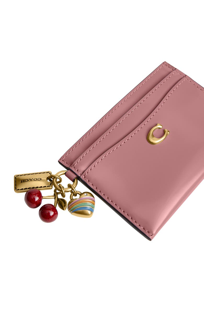 COACH Charm Detail Leather Card Card, Alternate, color, B4/ Peony