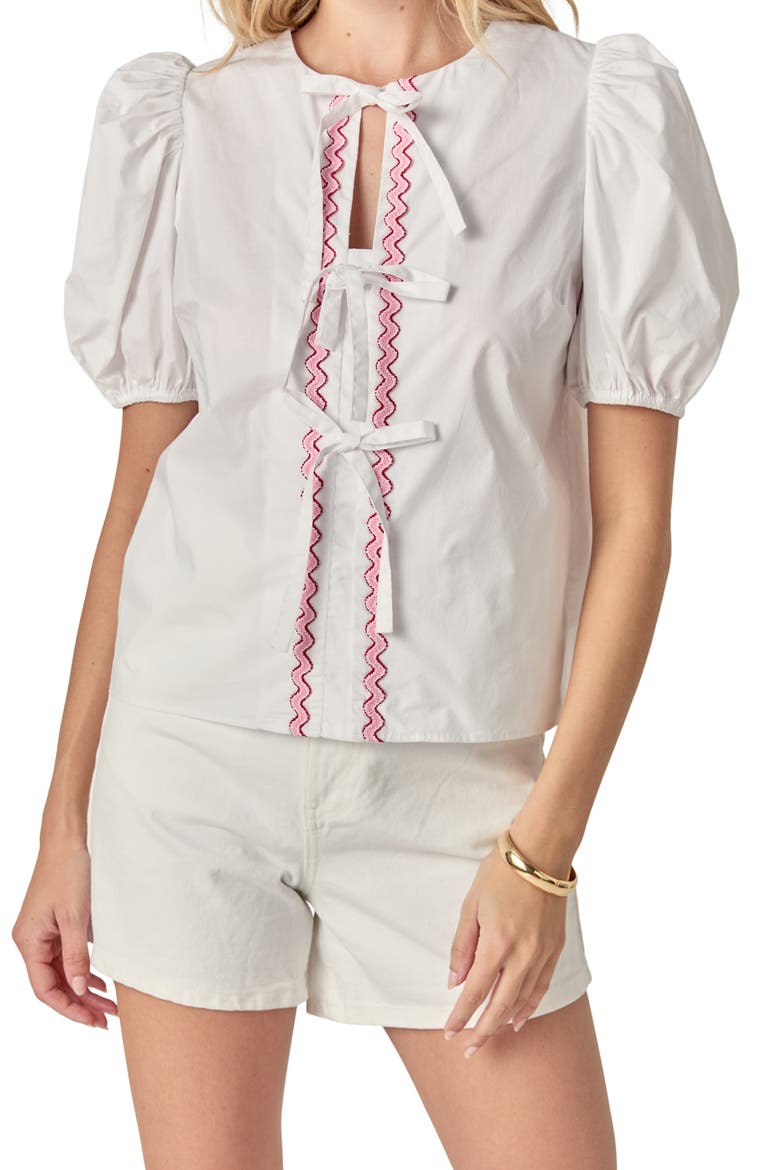 Rickrack Trim Tie Front Cotton Top, Alternate, color, WHITE