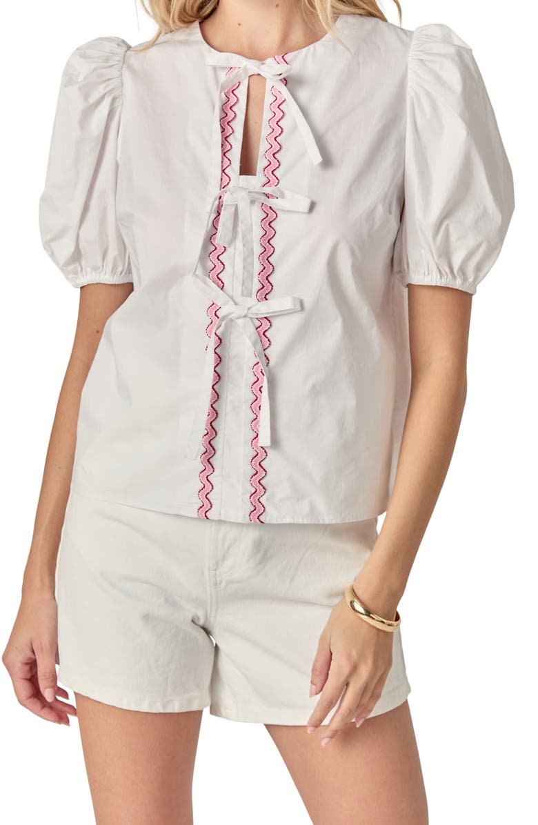 English Factory Rickrack Trim Tie Front Cotton Top, Alternate, color, White