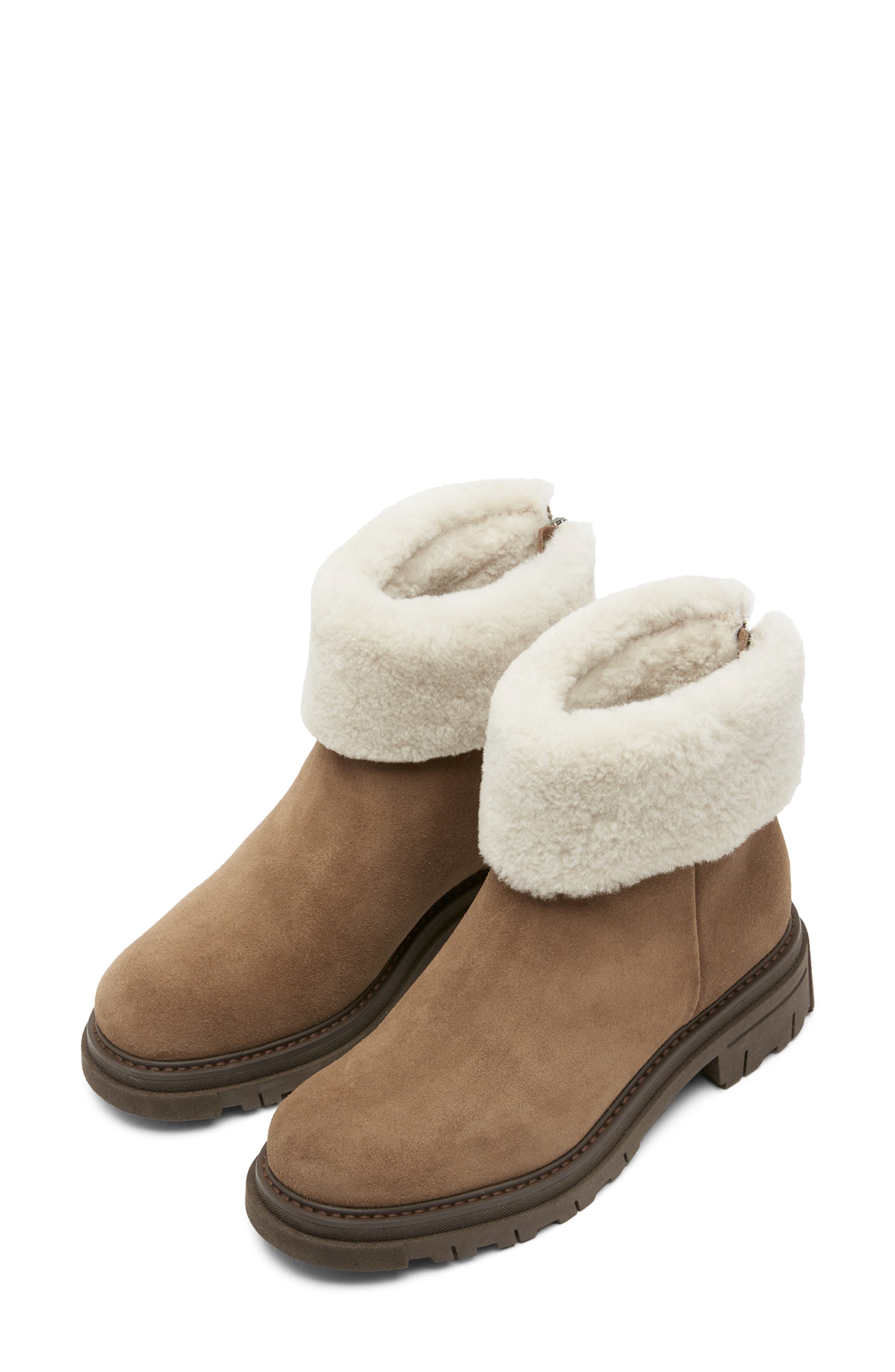 Dwayne Waterproof Genuine Shearling Cuff Bootie, Alternate, color, TOAST SUEDE