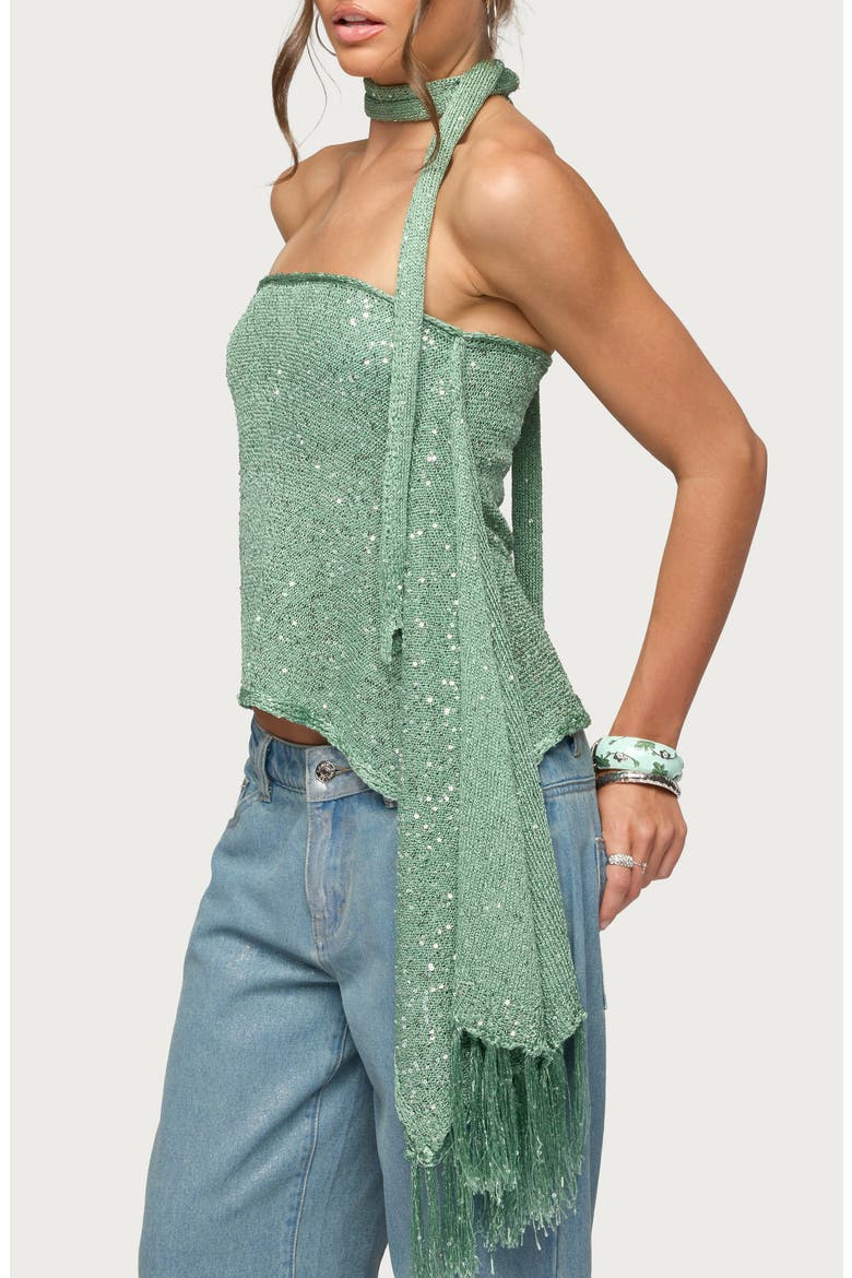 Two-Piece Sequin Scarf Top, Alternate, color, SAGE