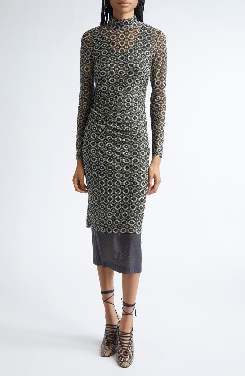 Dries Van Noten Hofes Tie Print Layered Long Sleeve Mesh Midi Dress, Main, color, Green