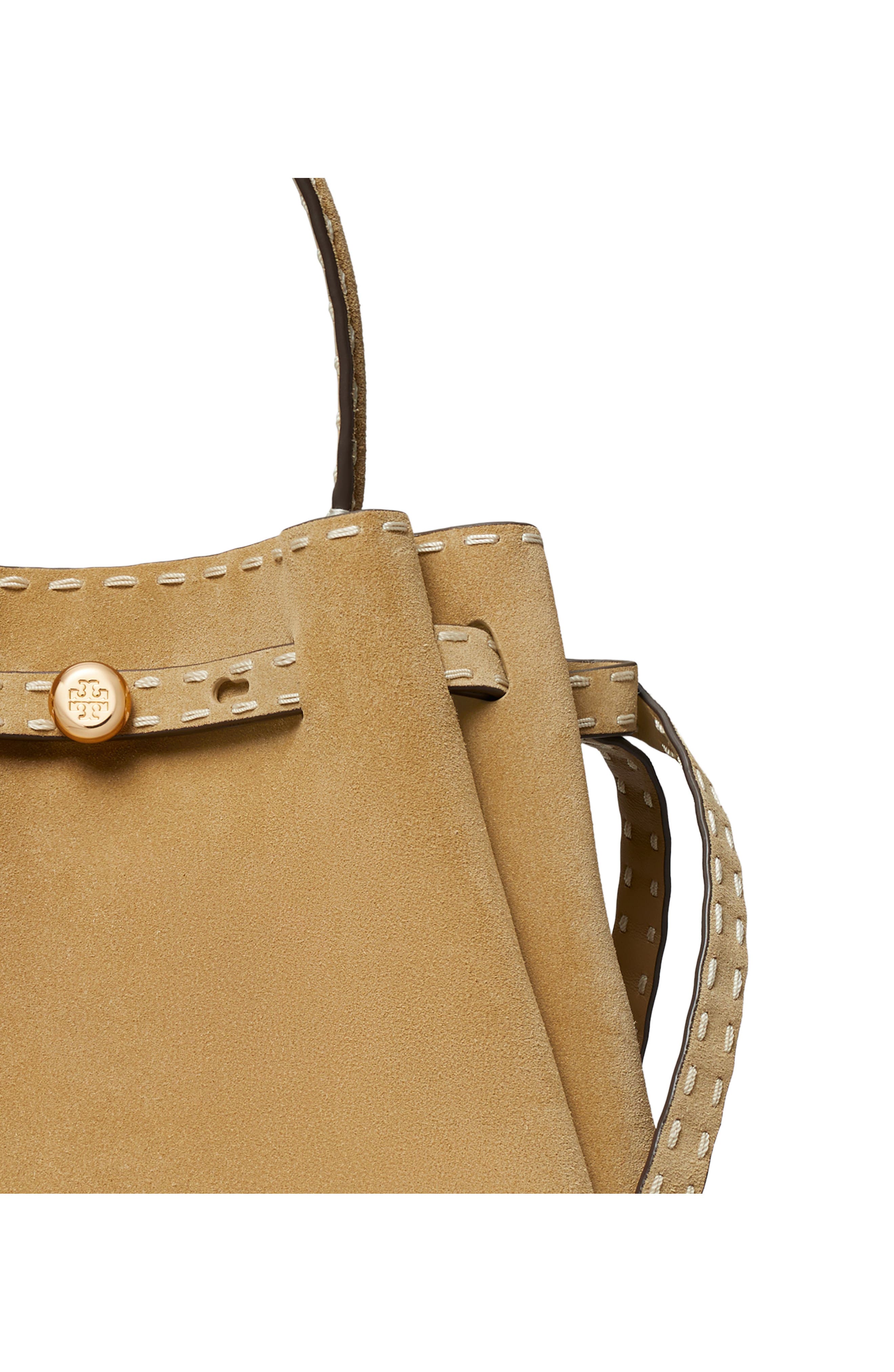 Tory Burch Romy Suede Bucket Bag, Alternate, color, Butter