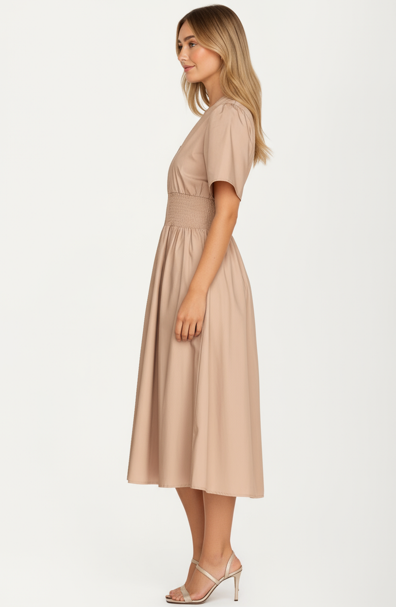 Knit and Lounge Zip-Front Smocked Waist Short Sleeve Midi Dress, Alternate, color,