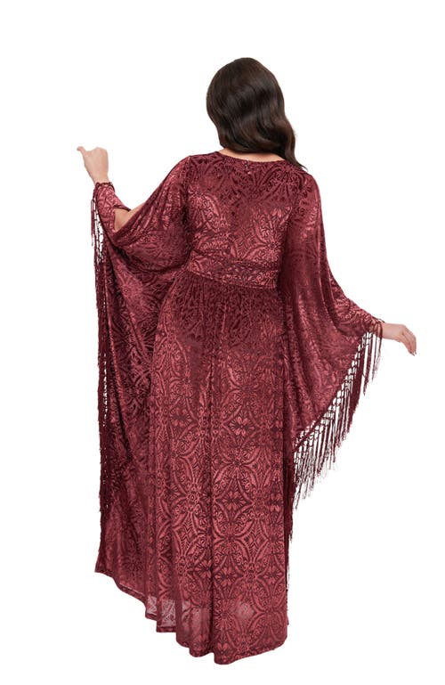 Unique Vintage 1960s Fringe Flutter Sleeve Caftan In Burgundy
