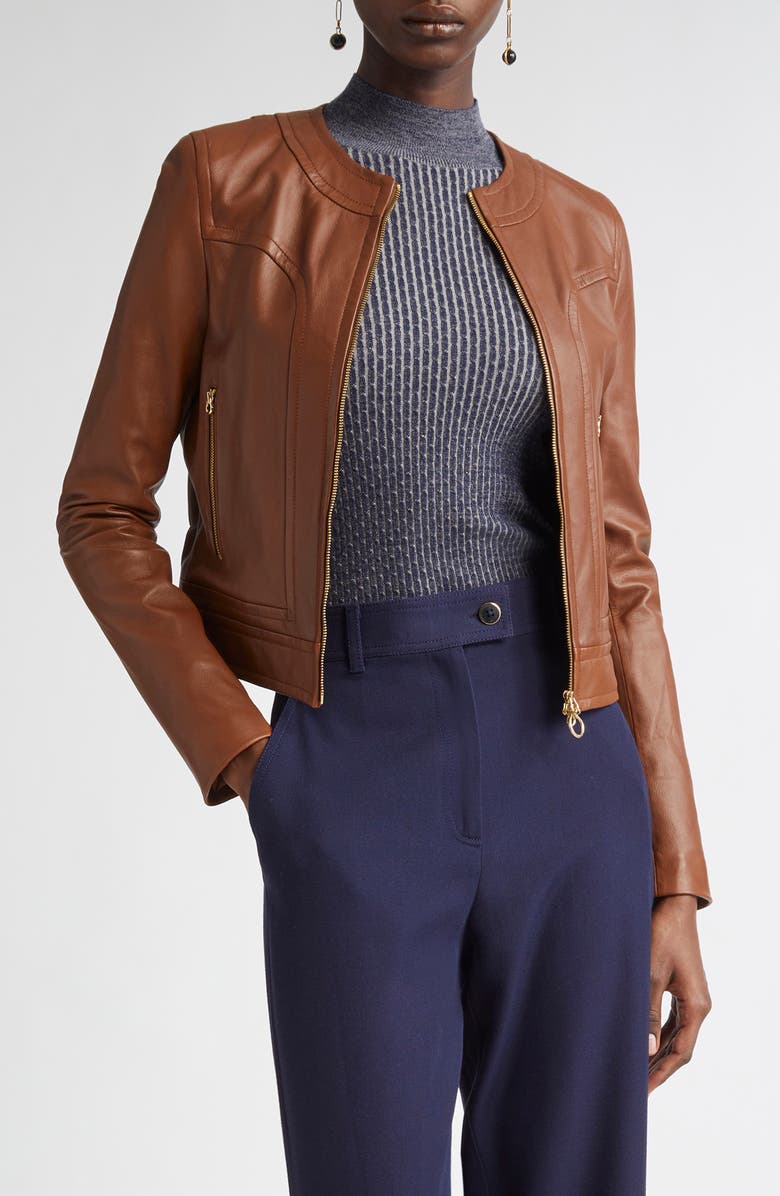 ST. JOHN Soft Leather Jacket, Main, color, Cognac