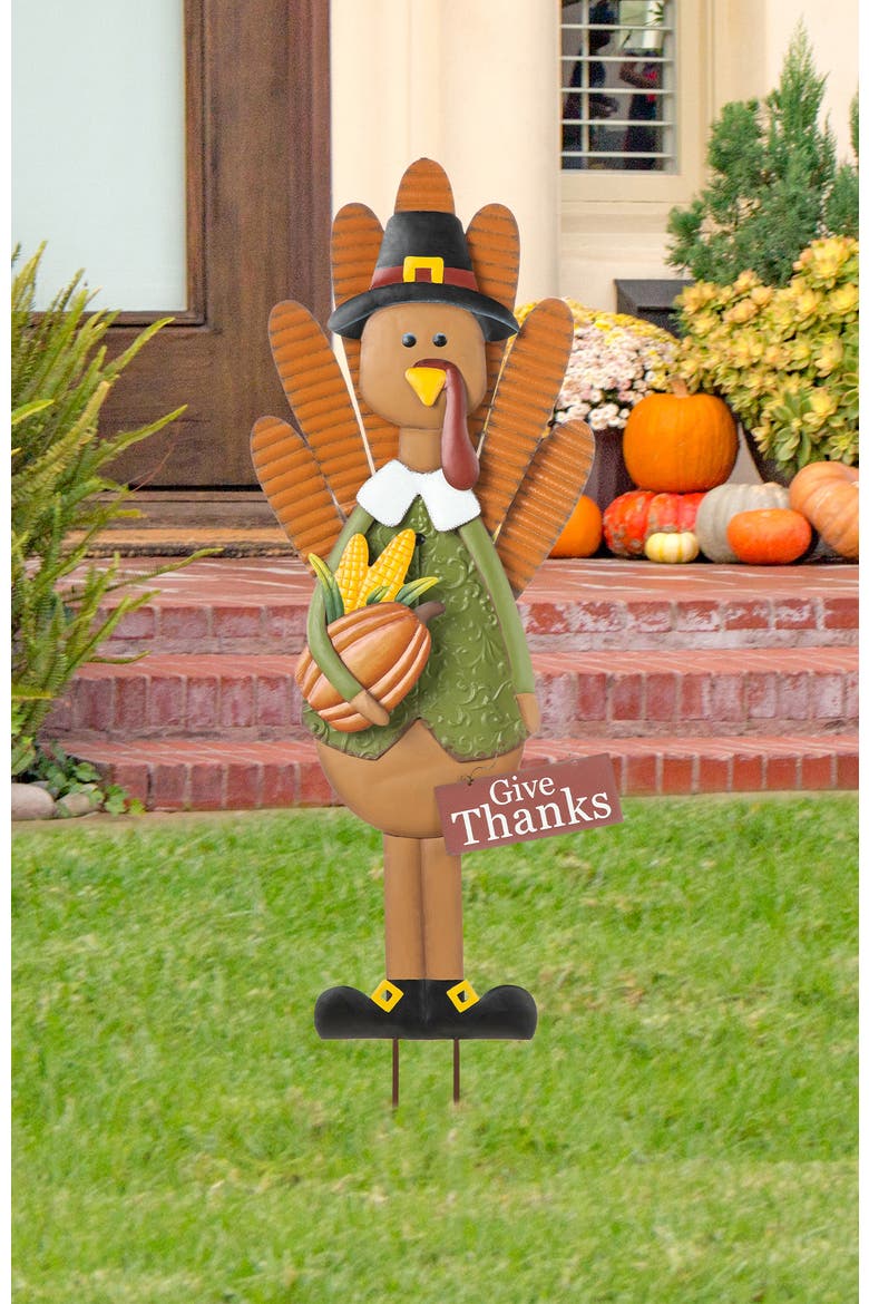 Thanksgiving Metal Turkey Yard Stake Standing Decor or Wall Sign, Alternate, color, Orange