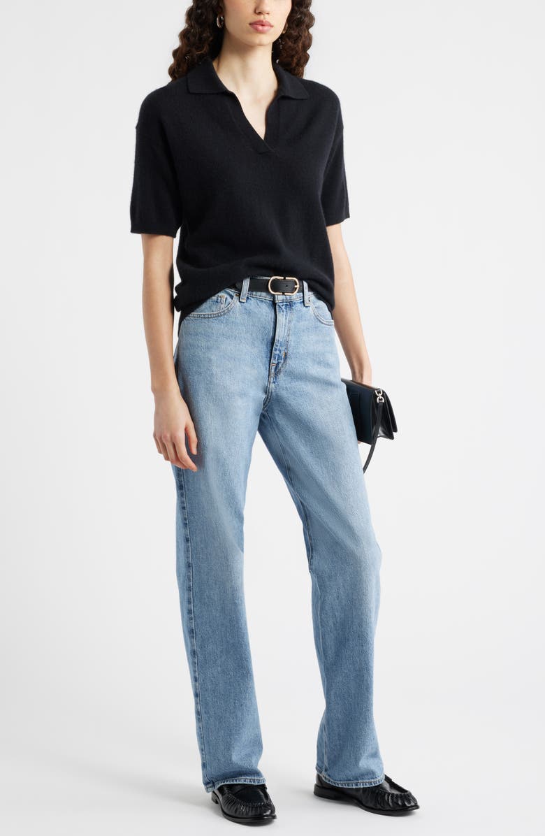 Nordstrom Cashmere Johnny Collar Short Sleeve Sweater, Alternate, color, Black Rock