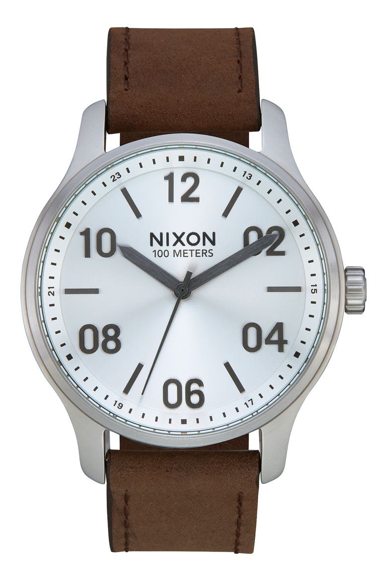 Patrol Leather Strap Watch, 42mm, Main, color, BROWN/ SILVER