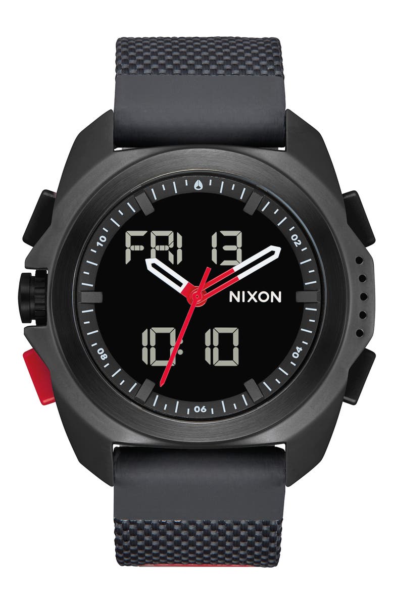 Nixon Ripley Ana-Digi Silicone Strap Watch, 47mm, Main, color, Black / Red