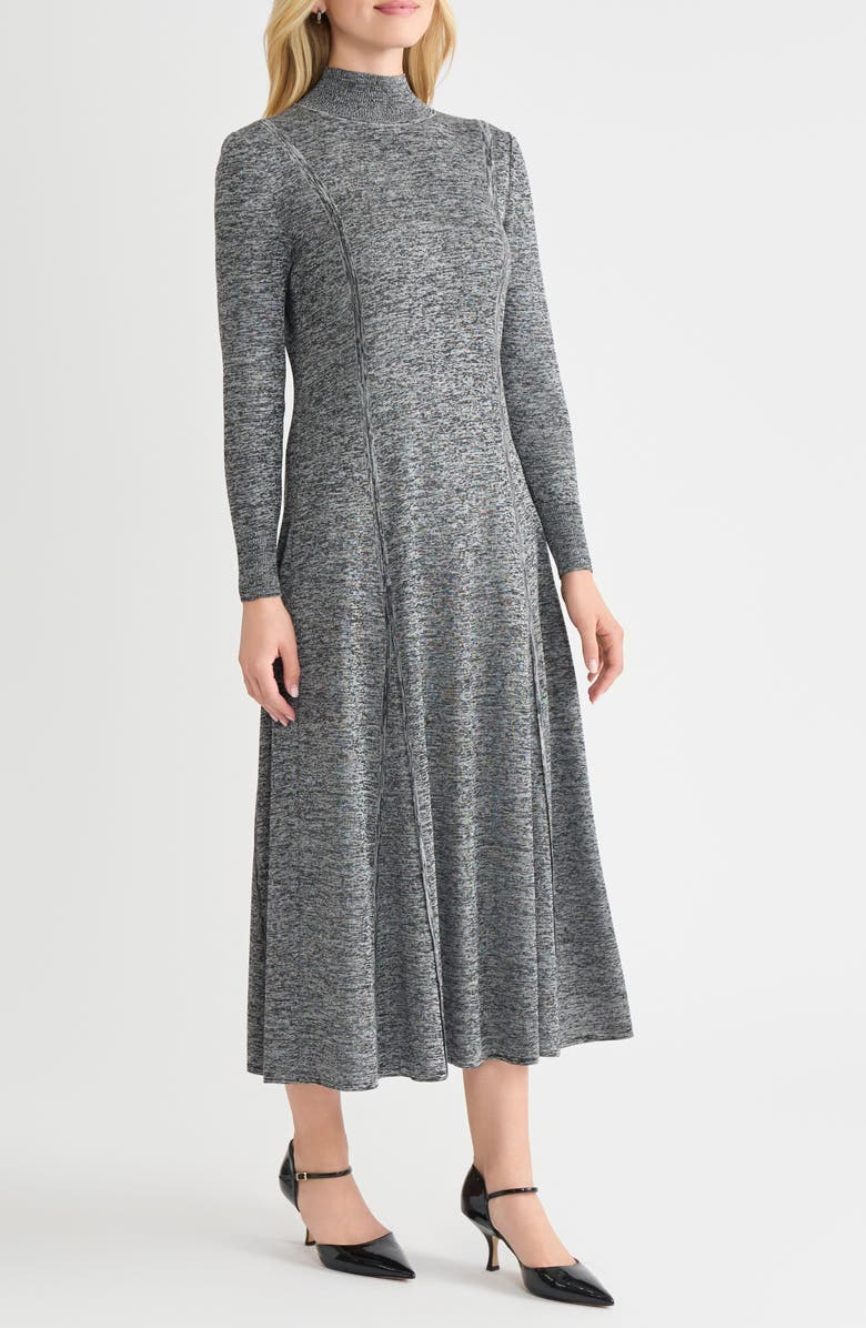 Misook Mélange Long Sleeve A-Line Knit Maxi Dress, Alternate, color, Black/ New Ivory