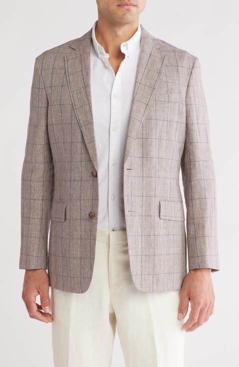 Classic Fit Beige Plaid Hemp & Linen Blazer (Short, Regular, Long & Big)