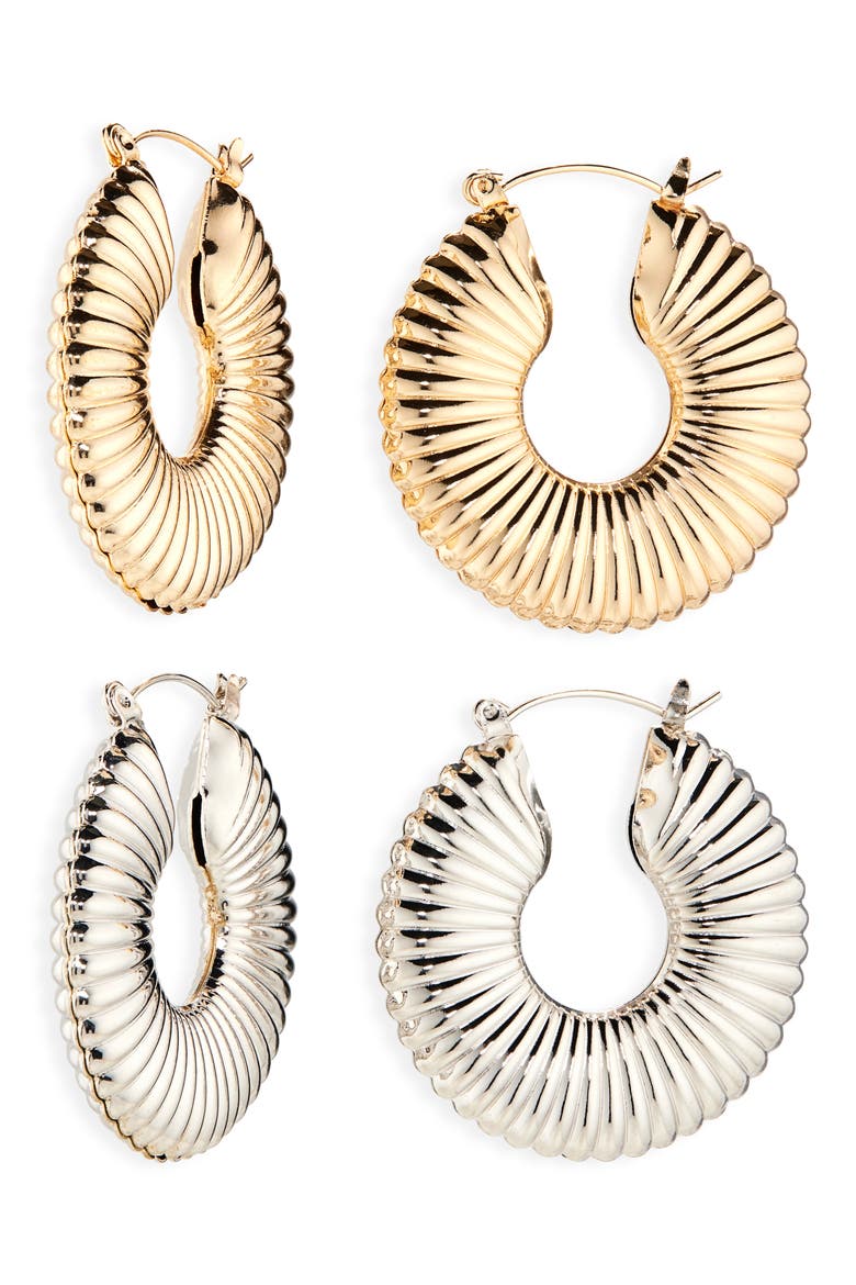 Set of 2 Textured Tube Hoop Earrings, Main, color, GOLD SILVER