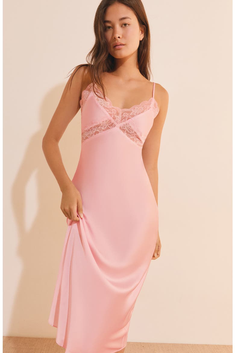 Desire Lace Trim Long Chemise, Alternate, color, PINK
